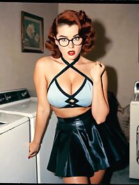 Blue eyed auburn haired woman in 50s attire surprises herself in the laundry room