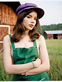 A 20 year old woman in 1960s style dons apron and hats amidst early morning rustic solitude