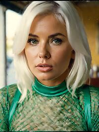 A tall woman in 1960s garb stuns in green fishnet bodysuit at vintage ice cream shop